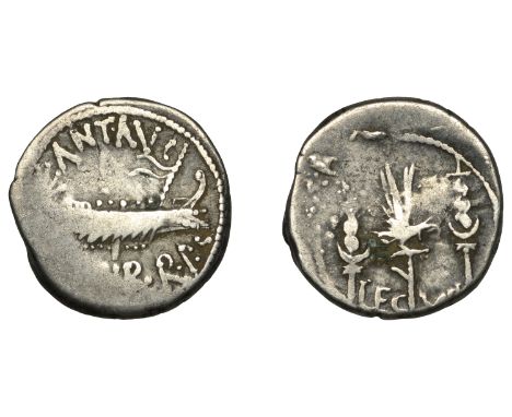 Post Second Triumvirate, Mark Antony, Denarius, military mint moving with Antony possibly Patrae, 32-1, praetorian galley rig