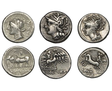 L. Appuleius Saturninus, Denarius, c. 104, helmeted head of Roma left, rev. Saturn driving quadriga right, l satvrn in exergu