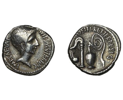 The Second Triumvirate, Octavian, Denarius, Uncertain mint, 37, bearded head of Octavian right, imp caesar divi f iii vir ite