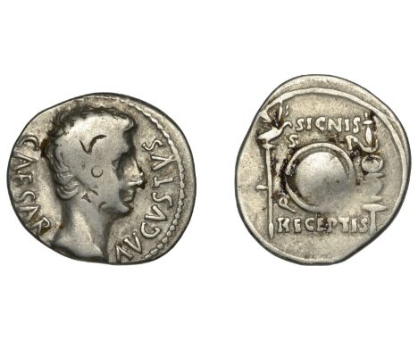 Augustus (27 BC-AD 14), Denarius, Spain, possibly Colonia Patricia, c. 19, bare head of Augustus right, caesar avgvstvs aroun