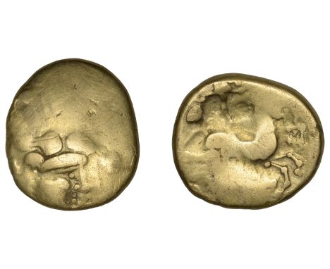 British Iron Age, GAUL, Armorica, Baiocasses, gold Stater, Phase III (2nd-1st Century BC), head right, boar above, rev. human