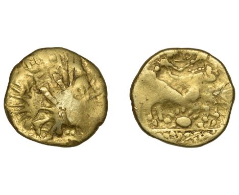British Iron Age, GALLO-BELGIC, Stater, series B [Ambiani], defaced die, rev. horse right, pellets and ornaments around, larg