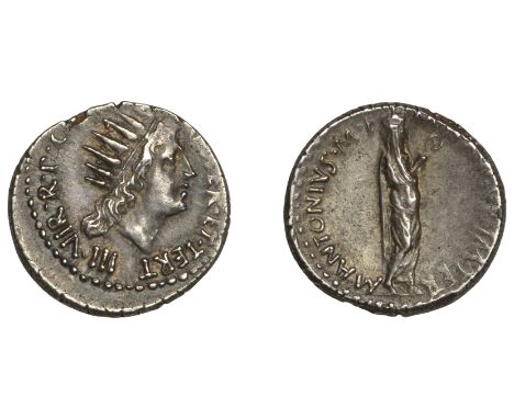 The Second Triumvirate, Mark Antony, Denarius, Athens, summer 38, Mark Antony standing right, togate and wearing veil, holdin
