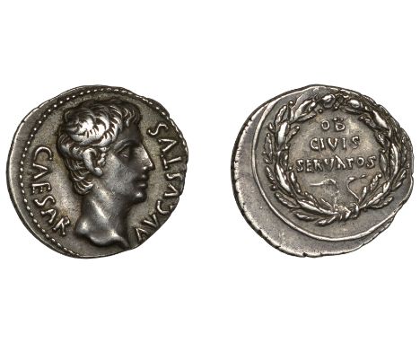 Augustus (27 BC-AD 14), Denarius, Colonia Patricia, 19, caesar avgvstvs, bust right, rev. ob civis servatos, legend in three 