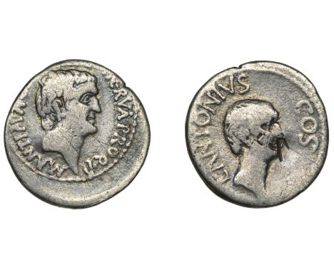 The Second Triumvirate, Mark Antony and Lucius, Denarius, mint moving with Mark Antony, 41, moneyer M. Cocceius Nerva, bare h
