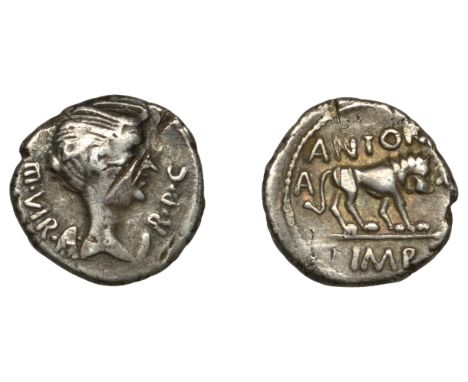 The Second Triumvirate, Fulvia, Quinarius, Lugdunum, c. 43-2, bust of Victory right, with the likeness of Fulvia, iii vir r p