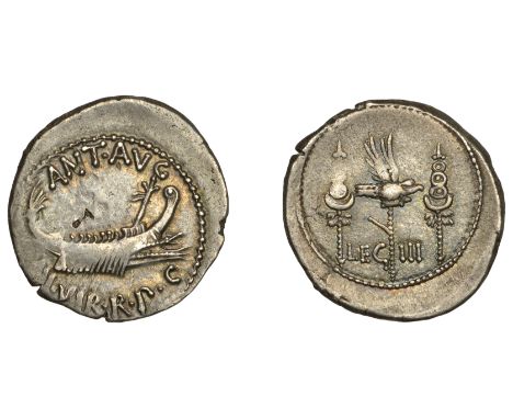Post Second Triumvirate, Mark Antony, Denarius, military mint moving with Antony possibly Patrae, 32-1, praetorian galley rig