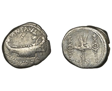 Post Second Triumvirate, Mark Antony, Denarius, military mint moving with Antony possibly Patrae, 32-1, praetorian galley rig