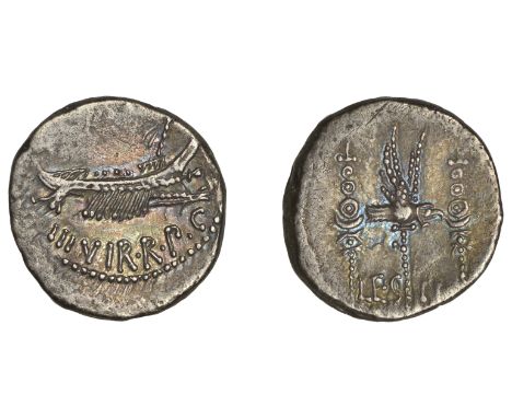 Post Second Triumvirate, Mark Antony, Denarius, military mint moving with Antony possibly Patrae, 32-1, praetorian galley rig