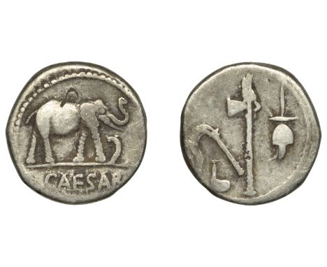 The Caesarians, Julius Caesar, Denarius, military mint travelling with Caesar, 49-8, elephant walking right, trampling on dra