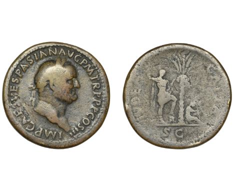 Vespasian (69-79), Sestertius, Rome, 71, laureate bust right, rev. palm tree; to left, Emperor standing right with spear and 