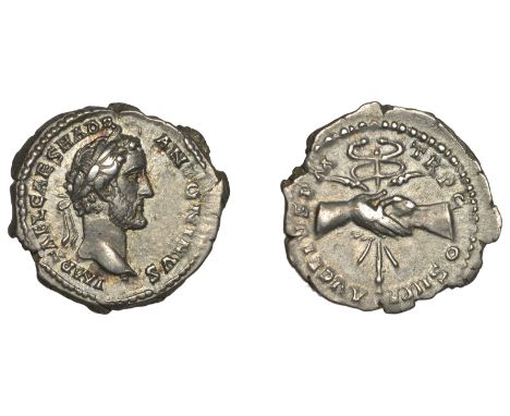 Antoninus Pius (138-161), Denarius, 139, laureate head right, imp t ael caes hadr antoninvs around, rev. clasped hands holdin