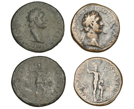 Domitian, Asses (2), 86, laureate head right, rev. Virtus standing right, resting foot on helmet, holding spear and parazoniu
