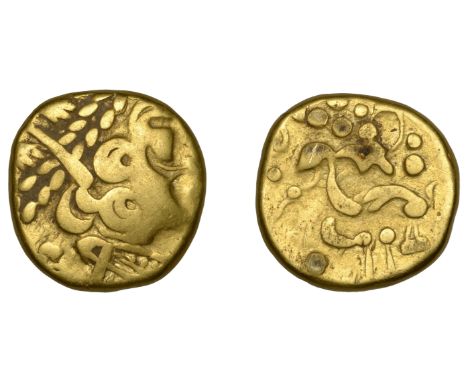 British Iron Age, GALLO-BELGIC, Stater, series C [Ambiani], degraded head of Apollo right, rev. horse right, pellets and hors