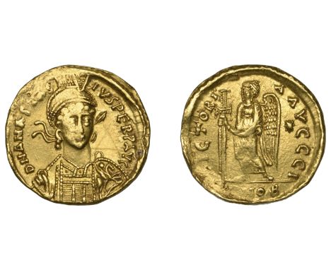 Anastasius (491-518), Solidus, 491-98, Constantinople, armoured bust facing slightly right, wearing diademed helmet and holdi