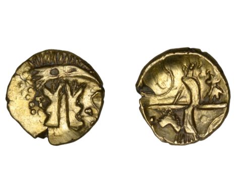 British Iron Age, BELGAE, Uninscribed series, base gold Quarter-Stater, British O [Hampshire Thunderbolt type], stylised boat