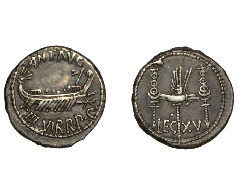 Post Second Triumvirate, Mark Antony, Denarius, military mint moving with Antony possibly Patrae, 32-1, praetorian galley rig