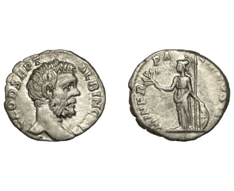 Clodius Albinus (Cæsar 193-195), Denarius, 194-5, bare head right, d clod sept albin caes around, rev. miner pacif cos ii, Mi