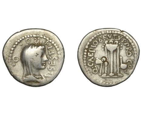 Conspirators, Brutus, Denarius, mint moving with Brutus, 42, veiled and draped bust of Libertas right, l sesti pro q around, 