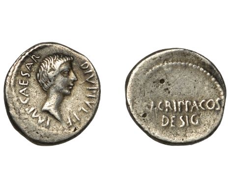 The Second Triumvirate, Octavian and Agrippa, Denarius, uncertain mint, 38, bearded head of Octavian right, imp caesar divi f