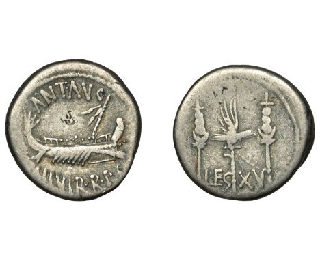 Post Second Triumvirate, Mark Antony, Denarius, military mint moving with Antony possibly Patrae, 32-1, praetorian galley rig