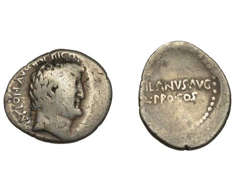 The Second Triumvirate, Mark Antony, Denarius, military mint moving with Mark Antony, possibly Athens, 33, bare head right, a
