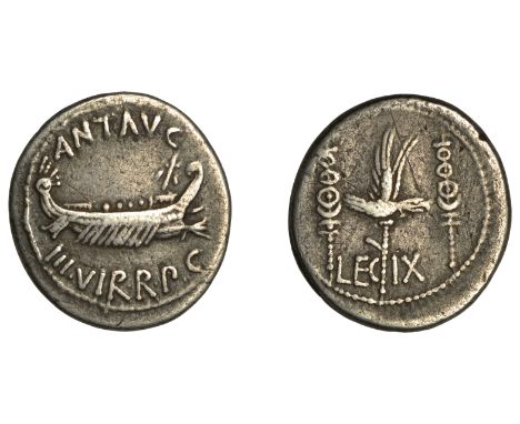 Post Second Triumvirate, Mark Antony, Denarius, military mint moving with Antony possibly Patrae, 32-1, praetorian galley rig