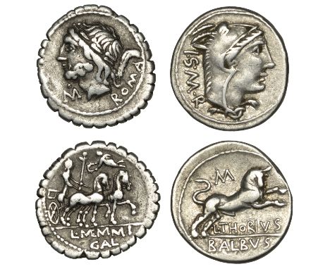 L. Memmius Galeria, serrate Denarius, c. 106, laureate head of Saturn left, roma and harpa behind, control mark m before, rev