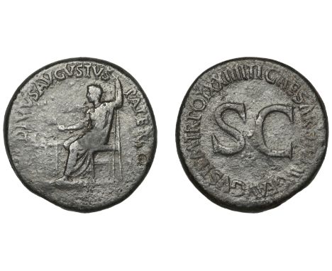 Tiberius (14-37), Sestertius, 22-3, Augustus radiate, seated left, feet on stool, holding laurel-branch and sceptre, altar in