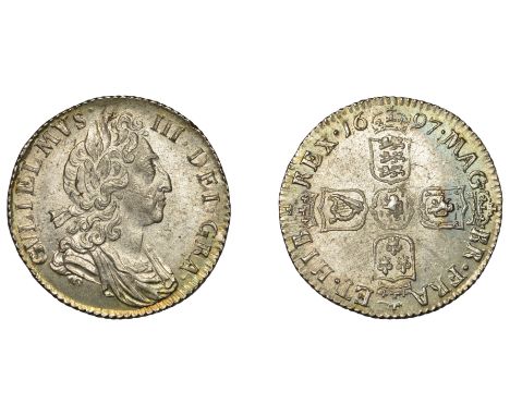 William III (1694-1702), Sixpence, 1697, third bust, later harp, small crowns (ESC 1567; S 3542). Lustrous, good extremely fi