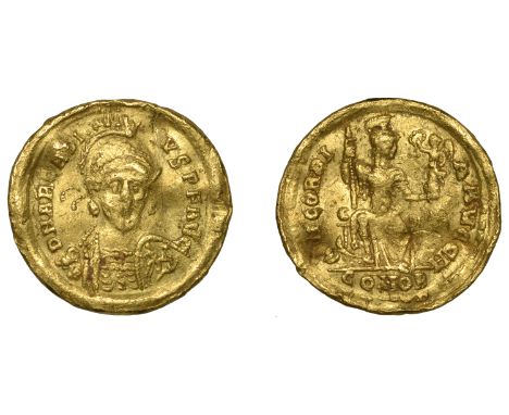 Arcadius (383-408), Solidus, 397-402, Constantinople, armoured bust facing slightly right, wearing diademed helmet and holdin