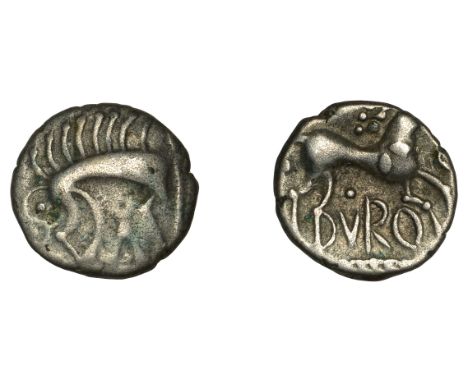 British Iron Age, ICENI, Can Duro, silver Unit, abstract board right, pellet behind, annulet and triangle below, rev. horse r