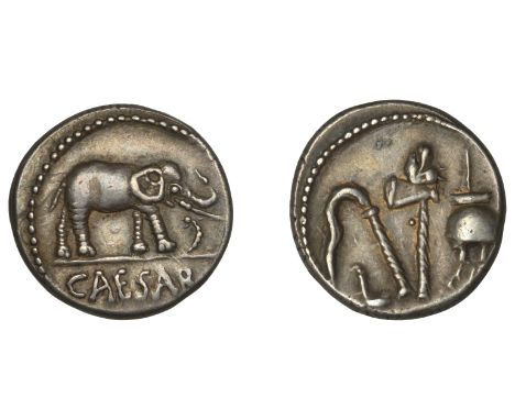 The Caesarians, Julius Caesar, Denarius, military mint travelling with Caesar, 49-8, elephant walking right, trampling on dra
