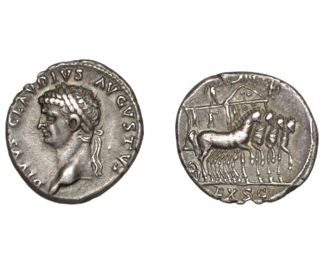 Claudius (41-54), Denarius, 54, laureate head left, divvs clavdivs avgvstvs around, rev. slow quadriga, ornamented, right, su