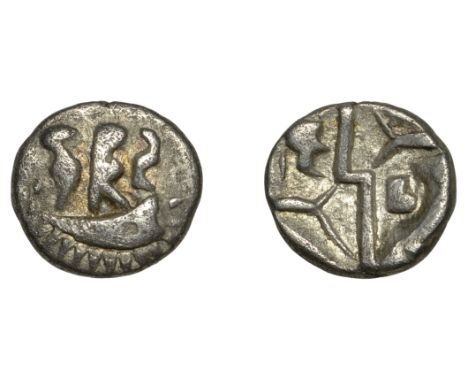 British Iron Age, DUROTRIGES, Uninscribed issues, silver Quarter-Stater Duro Boat Bird type, crescent with three men in a boa
