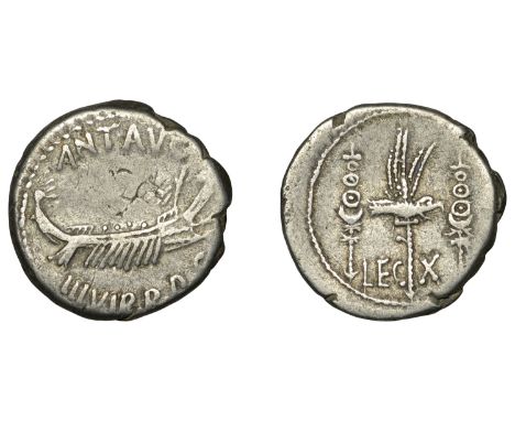 Post Second Triumvirate, Mark Antony, Denarius, military mint moving with Antony possibly Patrae, 32-1, praetorian galley rig