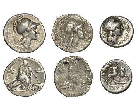 Anonymous, Denarii (2), c. 115-4, helmeted head of Roma right, wearing winged Corinthian helmet, roma below, x behind, rev. R
