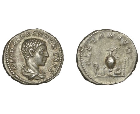 Severus Alexander (222-235), Denarius, 221, bare-headed and draped bust right, m avr alexander caes around, rev. lituus, knif