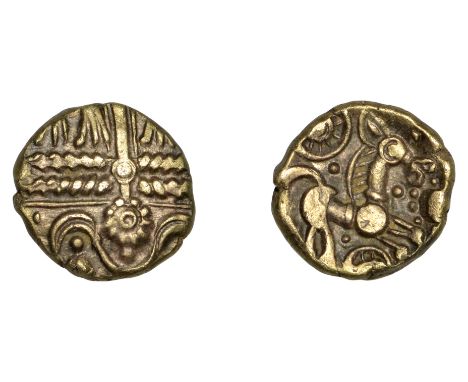 British Iron Age, BELGAE, Uninscribed issue, Quarter-Stater, Qc derivative [Petersfield Wreath type], wreath design with trac