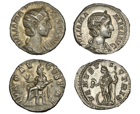Julia Mamaea, Denarii (2), 222-35, diademed and draped bust right, rev. Juno seated left, holding flower and swathed infant, 