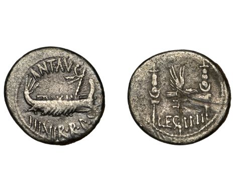 Post Second Triumvirate, Mark Antony, Denarius, military mint moving with Antony possibly Patrae, 32-1, praetorian galley rig