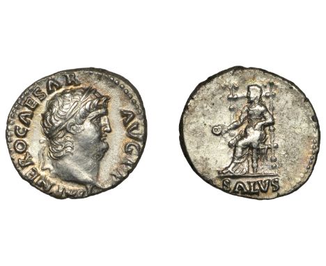 Nero (54-68), Denarius, 67-8, laureate and bearded head right, imp nero caesar avg p p, rev. Salus, draped, seated left, on o
