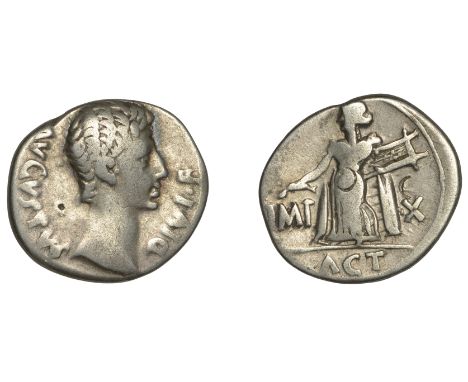 Augustus (27 BC-AD 14), Denarius, Lugdunum, 15-13, bare head right, avgvstvs divi f around, rev. Actian Apollo standing left,