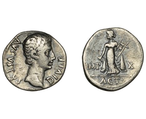 Augustus (27 BC-AD 14), Denarius, Lugdunum, 15-13, bare head right, avgvstvs divi f around, rev. Actian Apollo standing left,