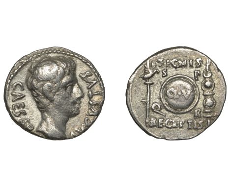 Augustus (27 BC-AD 14), Denarius, Colonia Patricia, 19-15, bare head right, caesar avgvstvs around, rev. round shield inscrib