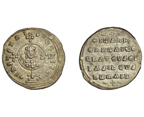 John I (969-976), AR Miliaresion, Constantinople, cross crosslet set upon globe above two steps, facing bust of John within c