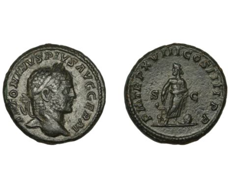 Caracalla (198-217), As, 215, laureate head right, antoninvs pivs avg germ around, rev. Ascelpius standing front, leaning on 