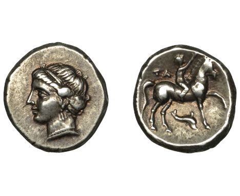 CALABRIA, Tarentum, Nomos, c. 281-72, head of Nymph left, head pulled up with band, rev. youth on horse prancing right, ethni