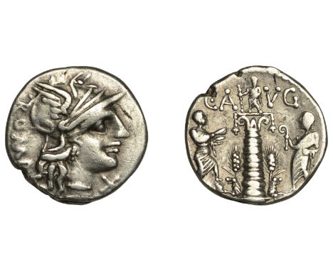 C. Minucius Augurinus, Denarius, c. 135, helmeted head of Roma right, roma behind, x before, rev. spiral column with Aeolic c