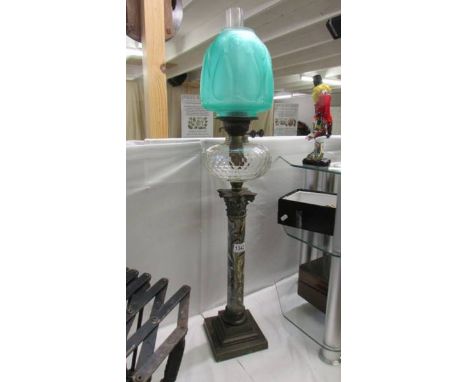 A fabulous Victorian Corinthian column oil lamp with glazed marblesque column and heavy cut glass font, COLLECT ONLY.No holes